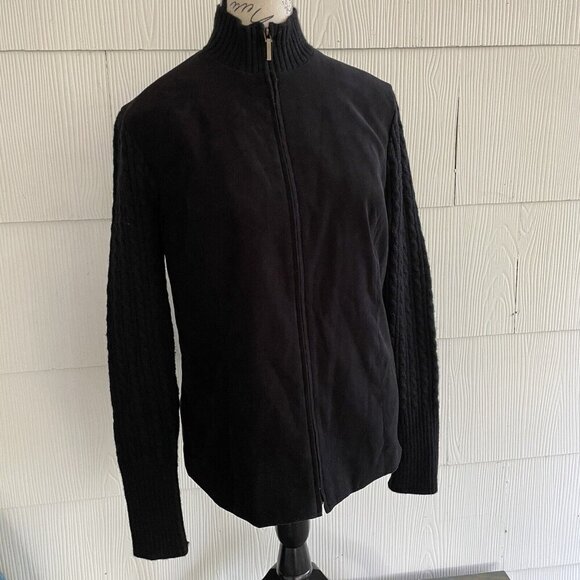Talbots Zip Up Ribbed Sleeve Sweater Black Faux Velvet Jacket - Size 8 (H6) - Picture 1 of 12